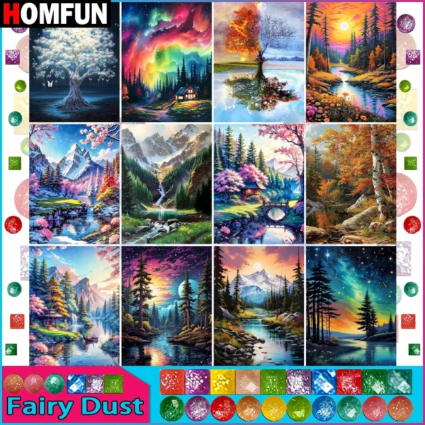 HOMFUN Fairy Dust Diamond Painting "Scenery Tree Sunset" Full Square Round Diy 5d Diamond Embroidery Picture Rhinestone Art