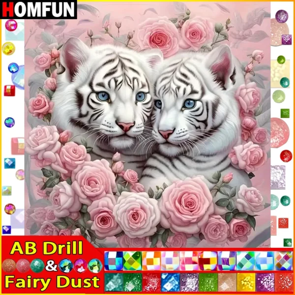HOMFUN Fairy Dust AB Diamond Painting Full Square/Round Diamond "Animal Tiger Flower" Pattern Embroidery 5D Rhinestone Painting